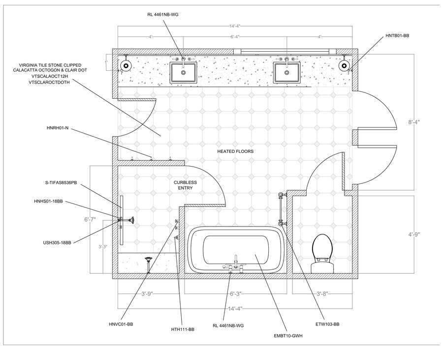 Primary Suite Bathroom — plumbing, fixture & tile plans